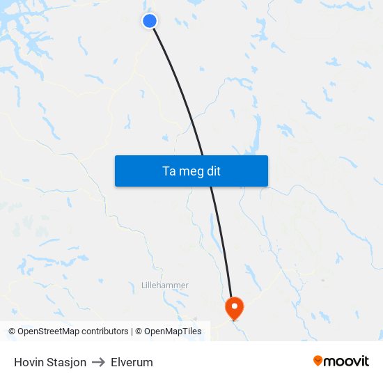 Hovin Stasjon to Elverum map