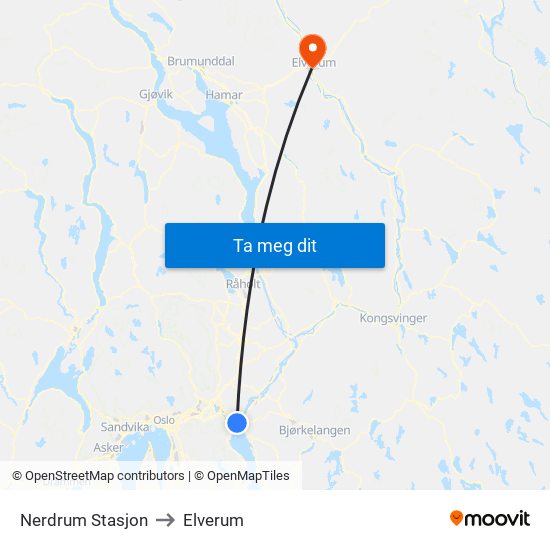 Nerdrum Stasjon to Elverum map