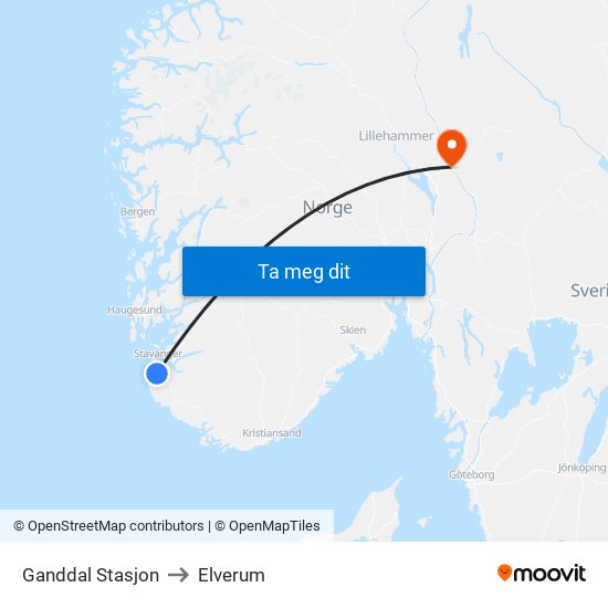 Ganddal Stasjon to Elverum map