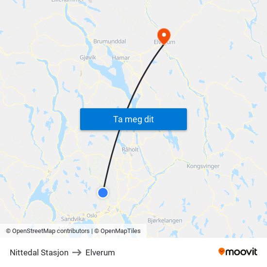 Nittedal Stasjon to Elverum map