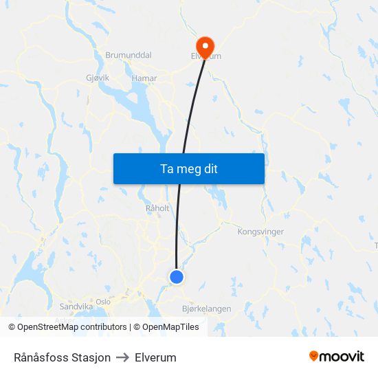 Rånåsfoss Stasjon to Elverum map