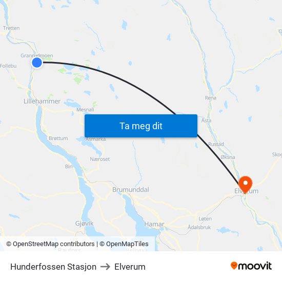 Hunderfossen Stasjon to Elverum map