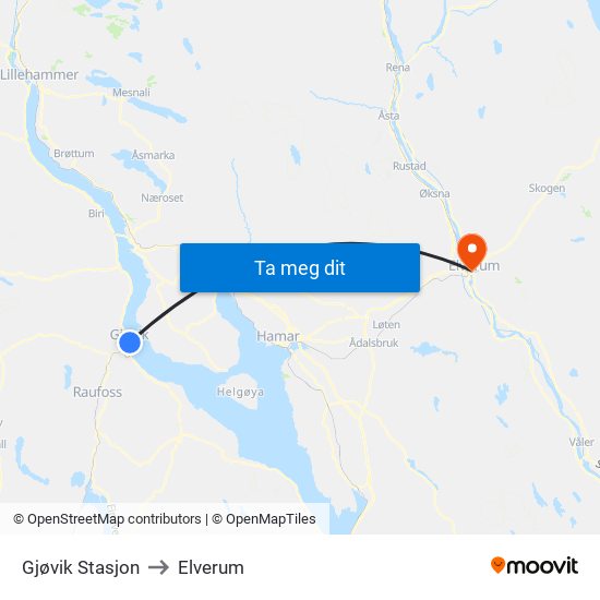 Gjøvik Stasjon to Elverum map