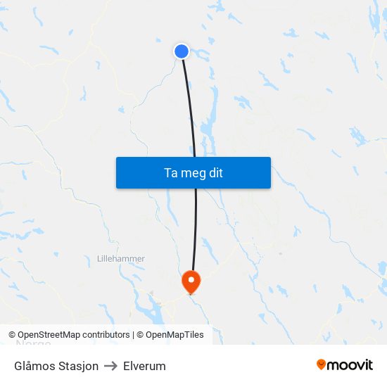 Glåmos Stasjon to Elverum map