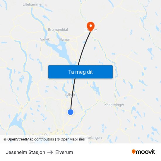Jessheim Stasjon to Elverum map