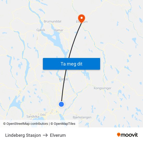 Lindeberg Stasjon to Elverum map