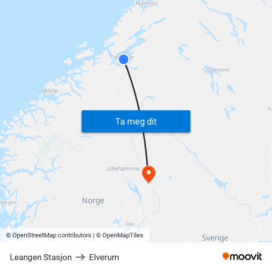 Leangen Stasjon to Elverum map