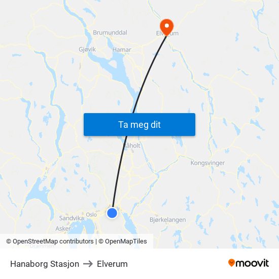 Hanaborg Stasjon to Elverum map