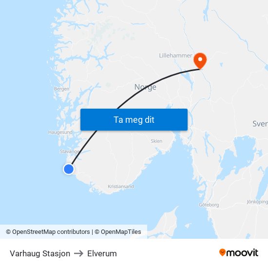 Varhaug Stasjon to Elverum map