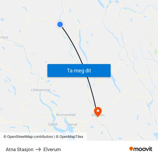 Atna Stasjon to Elverum map