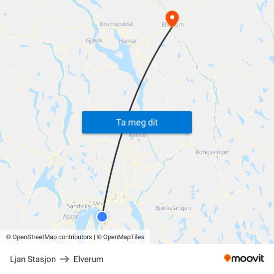 Ljan Stasjon to Elverum map