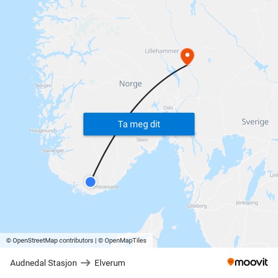 Audnedal Stasjon to Elverum map