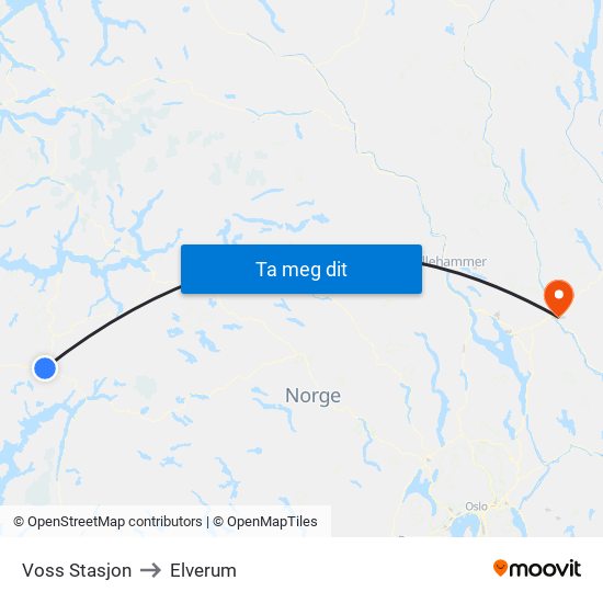 Voss Stasjon to Elverum map