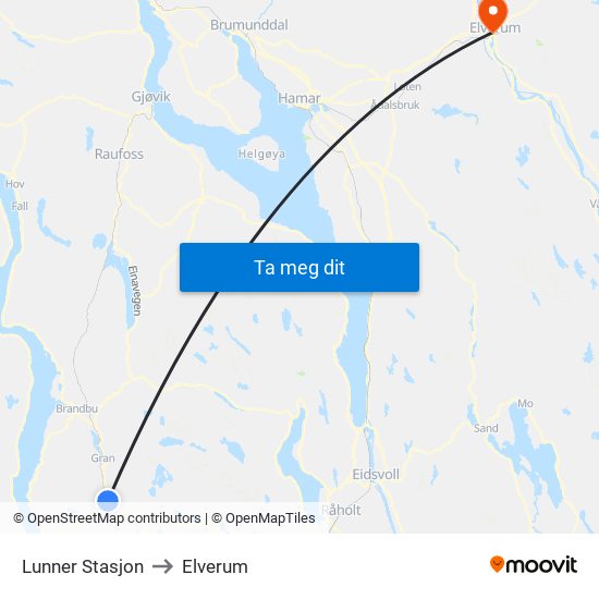 Lunner Stasjon to Elverum map