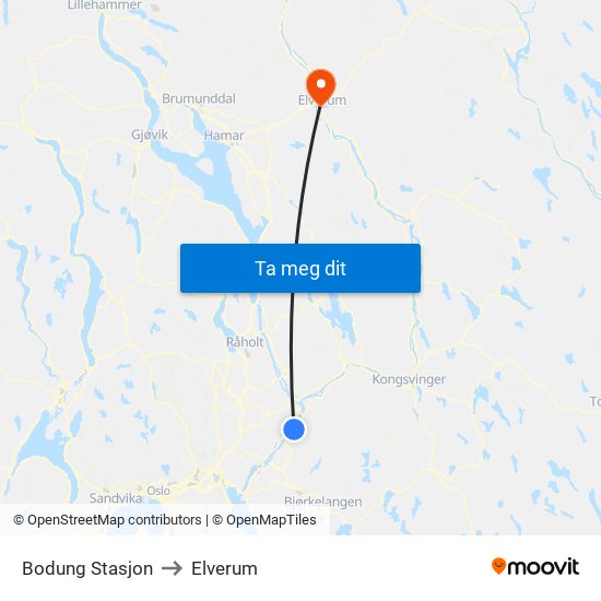 Bodung Stasjon to Elverum map