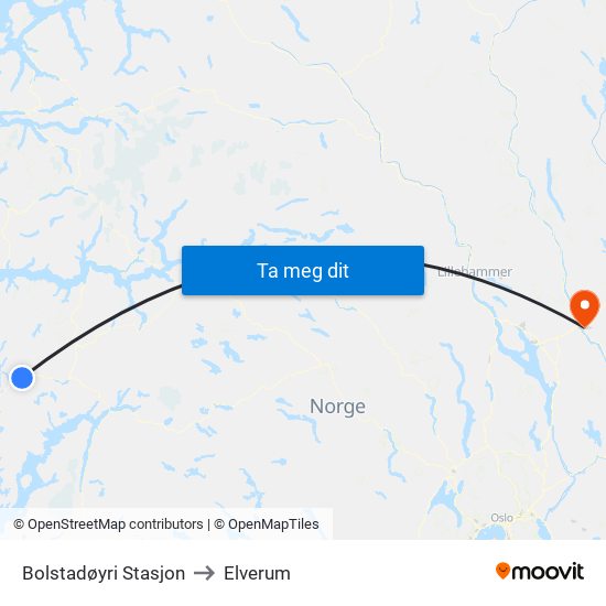 Bolstadøyri Stasjon to Elverum map