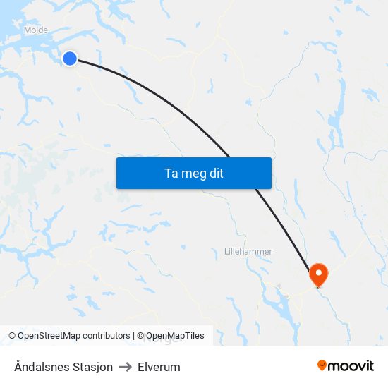 Åndalsnes Stasjon to Elverum map