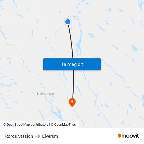 Røros Stasjon to Elverum map