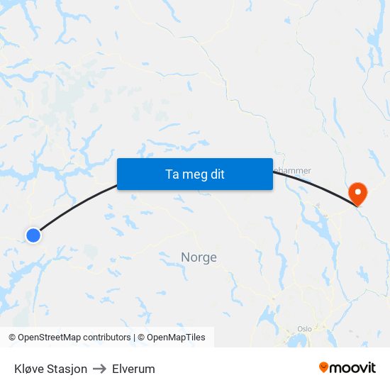 Kløve Stasjon to Elverum map