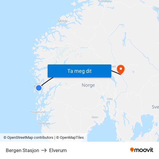 Bergen Stasjon to Elverum map