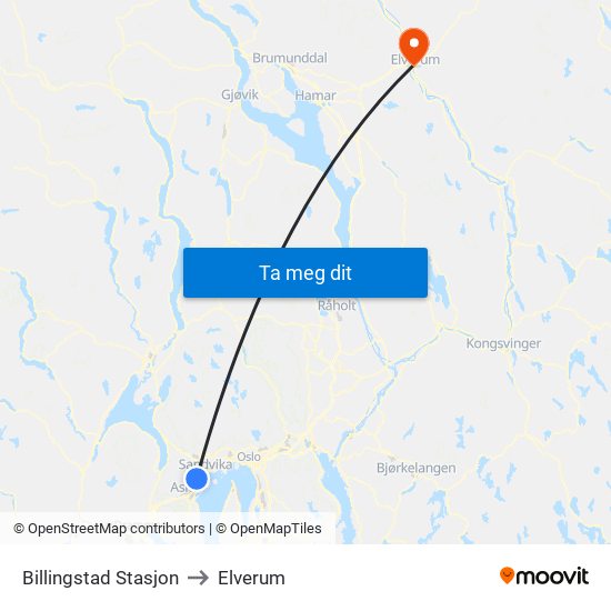 Billingstad Stasjon to Elverum map