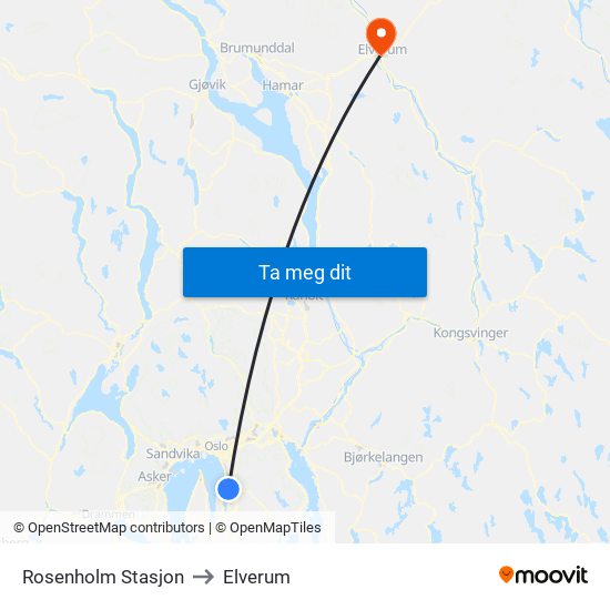 Rosenholm Stasjon to Elverum map