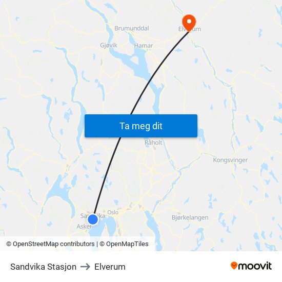 Sandvika Stasjon to Elverum map