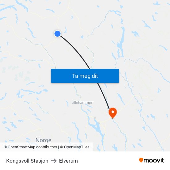 Kongsvoll Stasjon to Elverum map