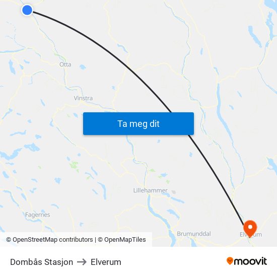 Dombås Stasjon to Elverum map