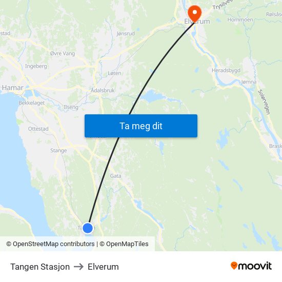 Tangen Stasjon to Elverum map