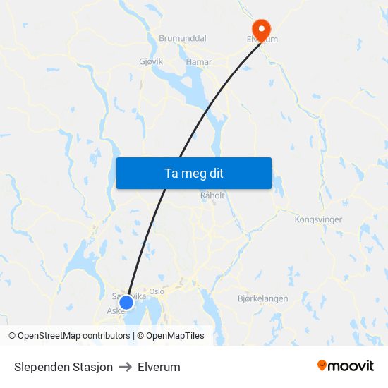 Slependen Stasjon to Elverum map