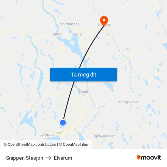 Snippen Stasjon to Elverum map