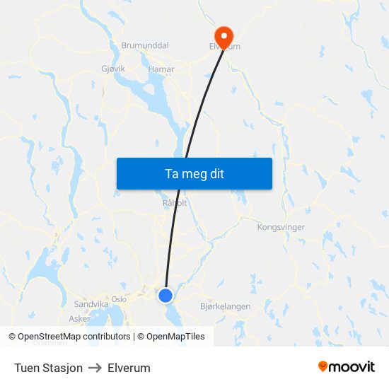 Tuen Stasjon to Elverum map