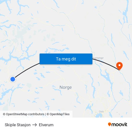 Skiple Stasjon to Elverum map
