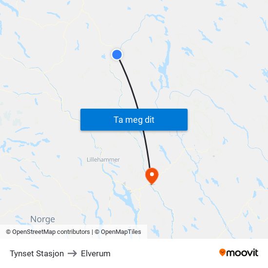 Tynset Stasjon to Elverum map