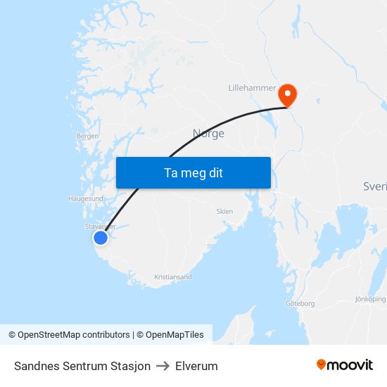 Sandnes Sentrum Stasjon to Elverum map