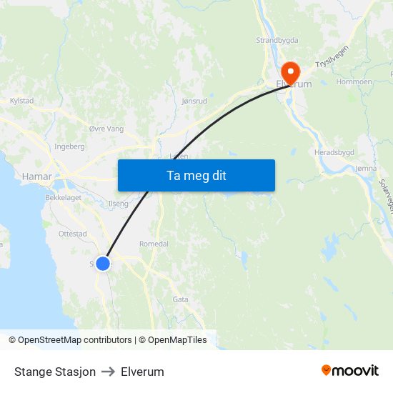 Stange Stasjon to Elverum map