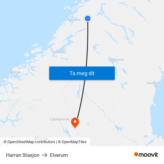 Harran Stasjon to Elverum map