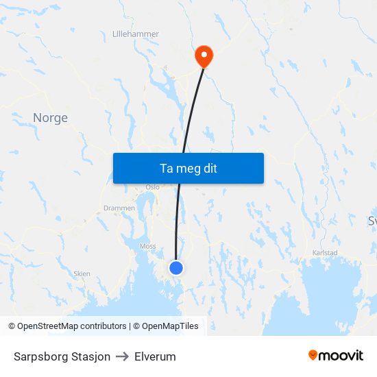Sarpsborg Stasjon to Elverum map