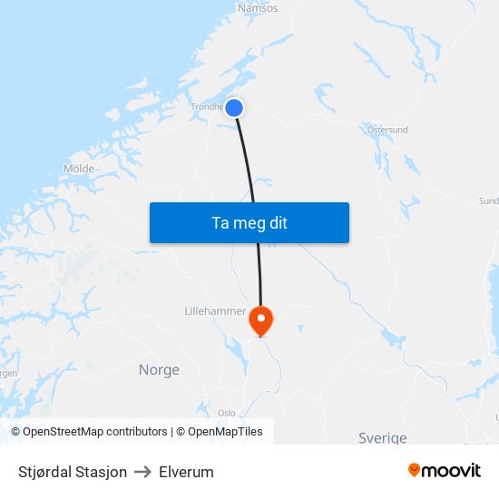 Stjørdal Stasjon to Elverum map