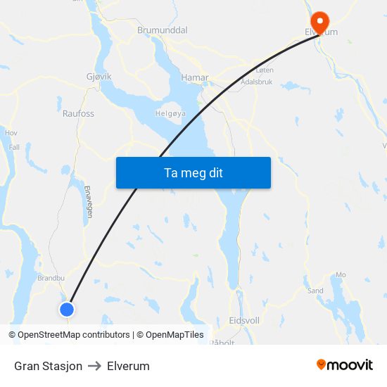 Gran Stasjon to Elverum map