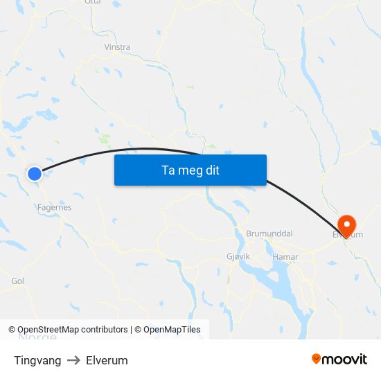 Tingvang to Elverum map