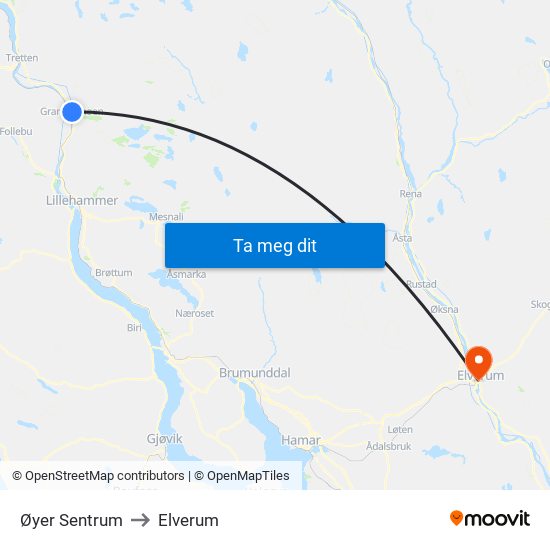 Øyer Sentrum to Elverum map