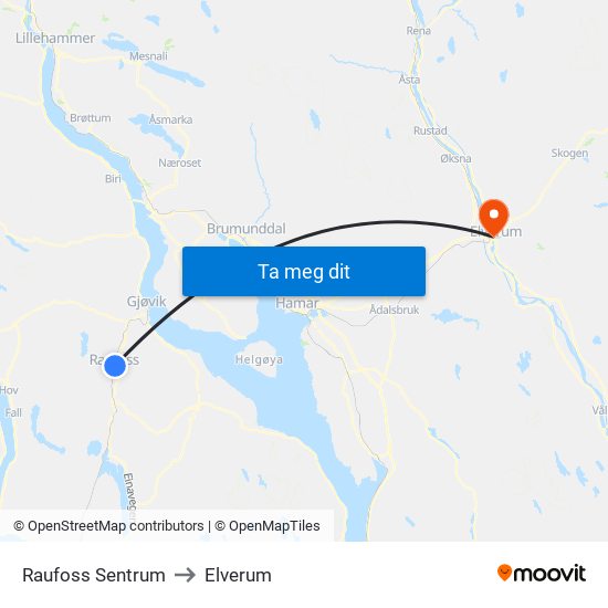 Raufoss Sentrum to Elverum map