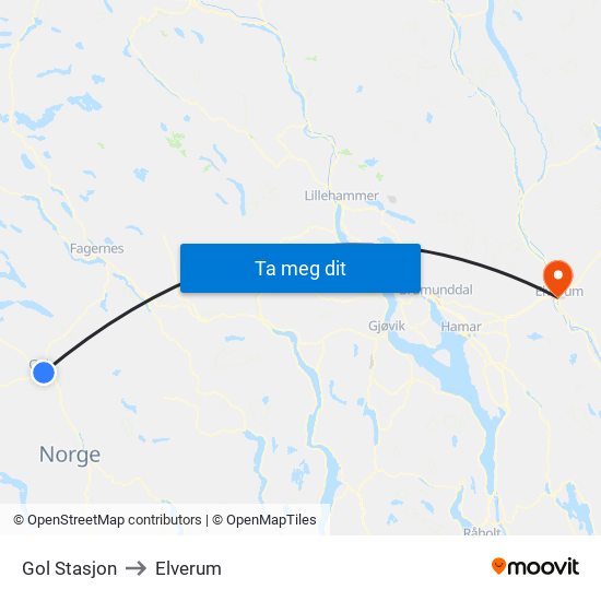 Gol Stasjon to Elverum map