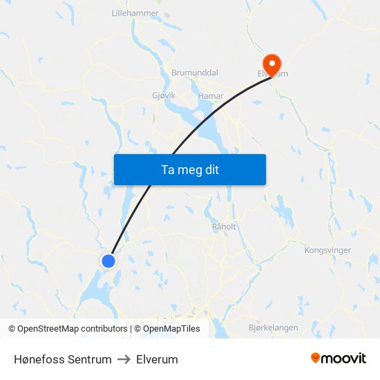 Hønefoss Sentrum to Elverum map