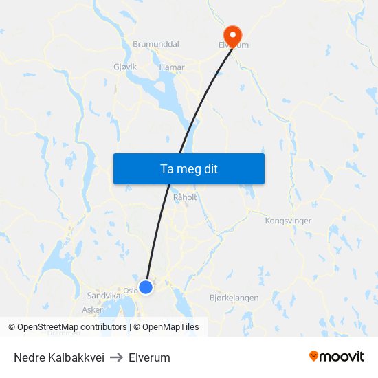 Nedre Kalbakkvei to Elverum map