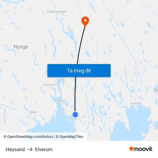 Høysand to Elverum map