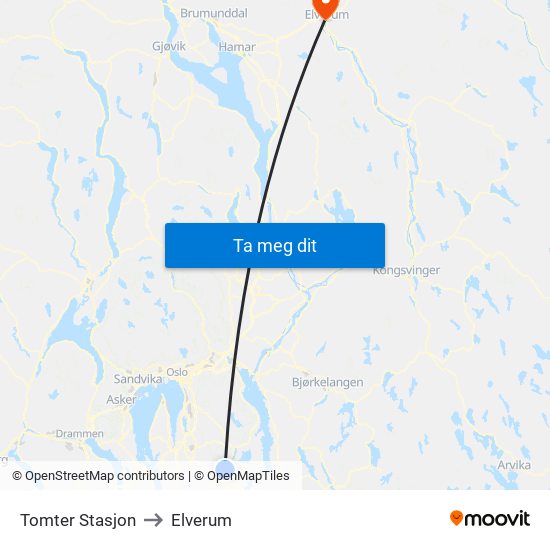 Tomter Stasjon to Elverum map
