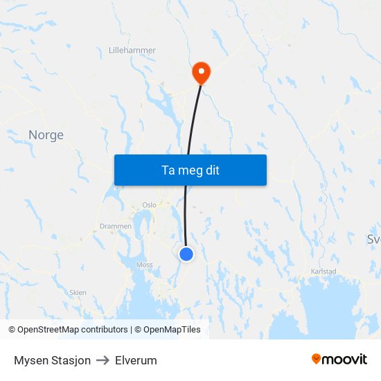 Mysen Stasjon to Elverum map